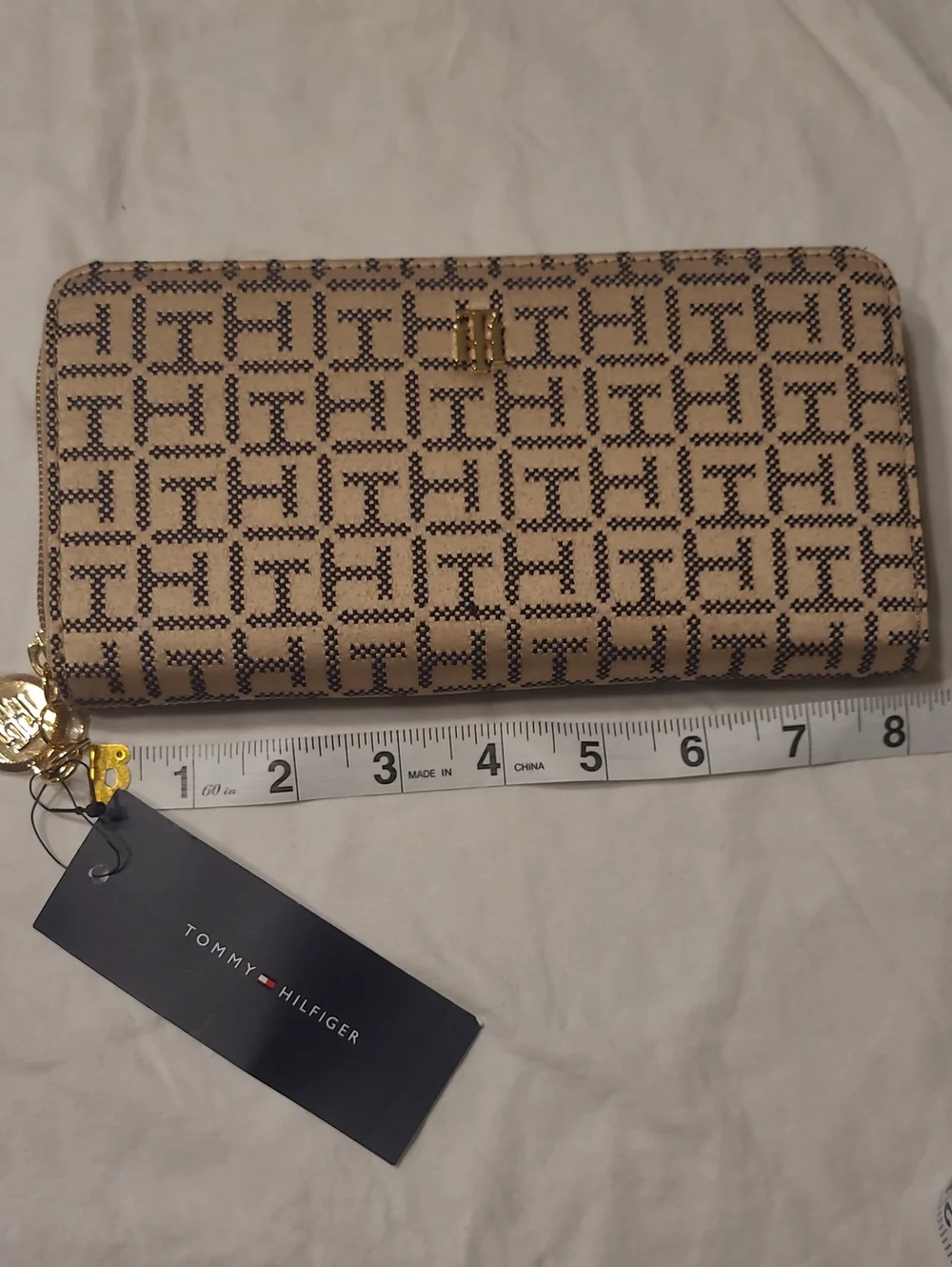 Tommy Hilfiger Beige Logo-Print Zip Wallet with Gold Hardware